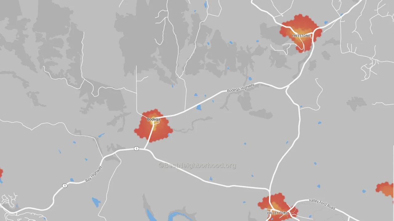 Walk Grade map of 94922, CA, walkable areas in green and car-dependent areas in red
