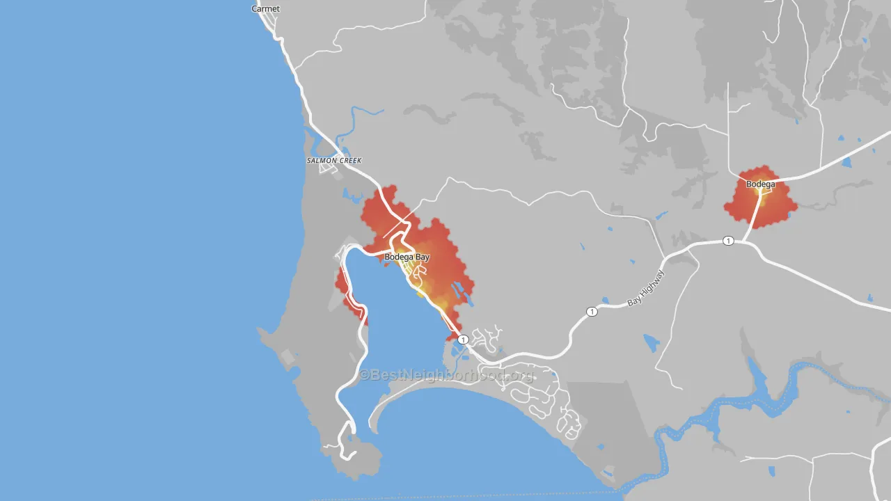 Walk Grade map of 94923, CA, walkable areas in green and car-dependent areas in red