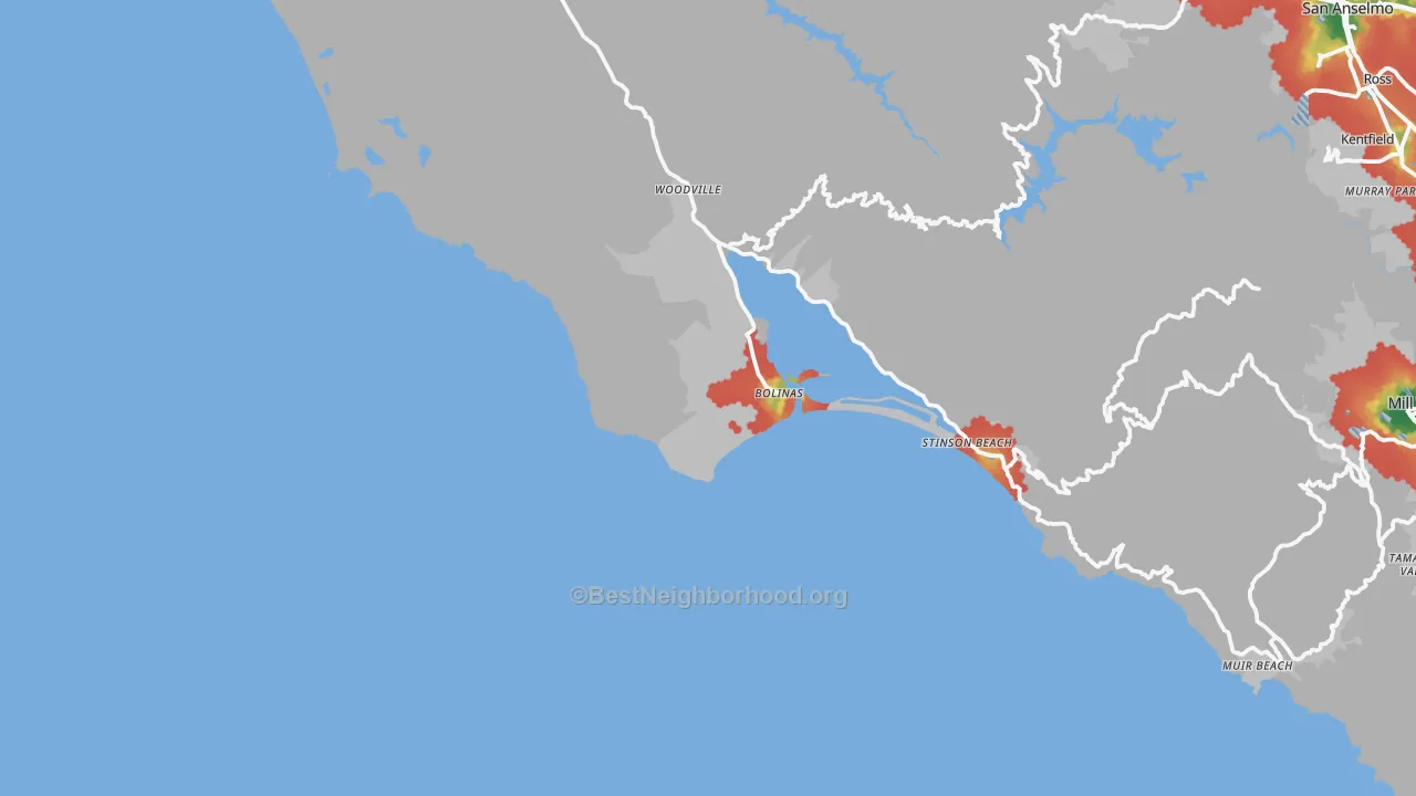 Walk Grade map of 94924, CA, walkable areas in green and car-dependent areas in red