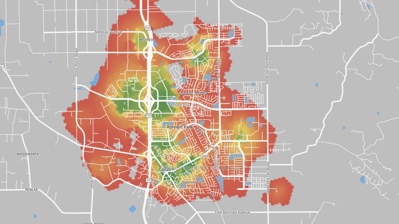 Walk Grade map of 94928, CA, walkable areas in green and car-dependent areas in red