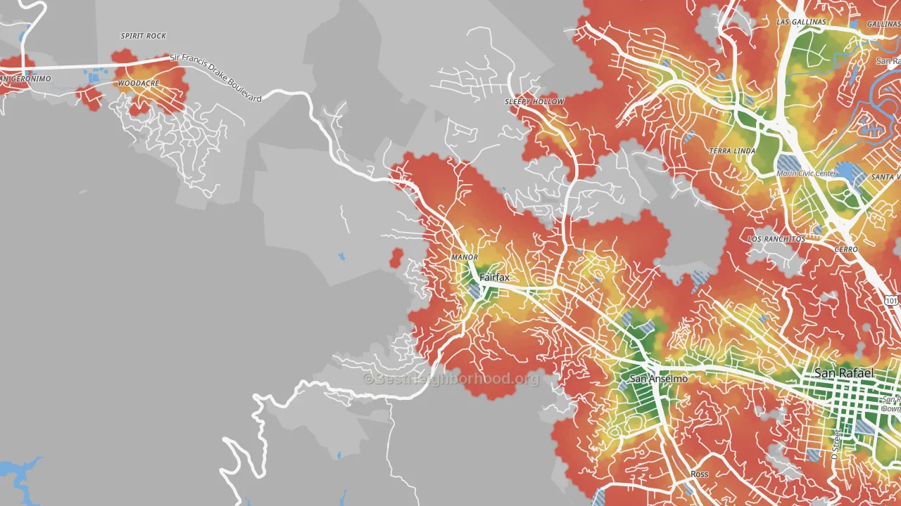 Walk Grade map of 94930, CA, walkable areas in green and car-dependent areas in red