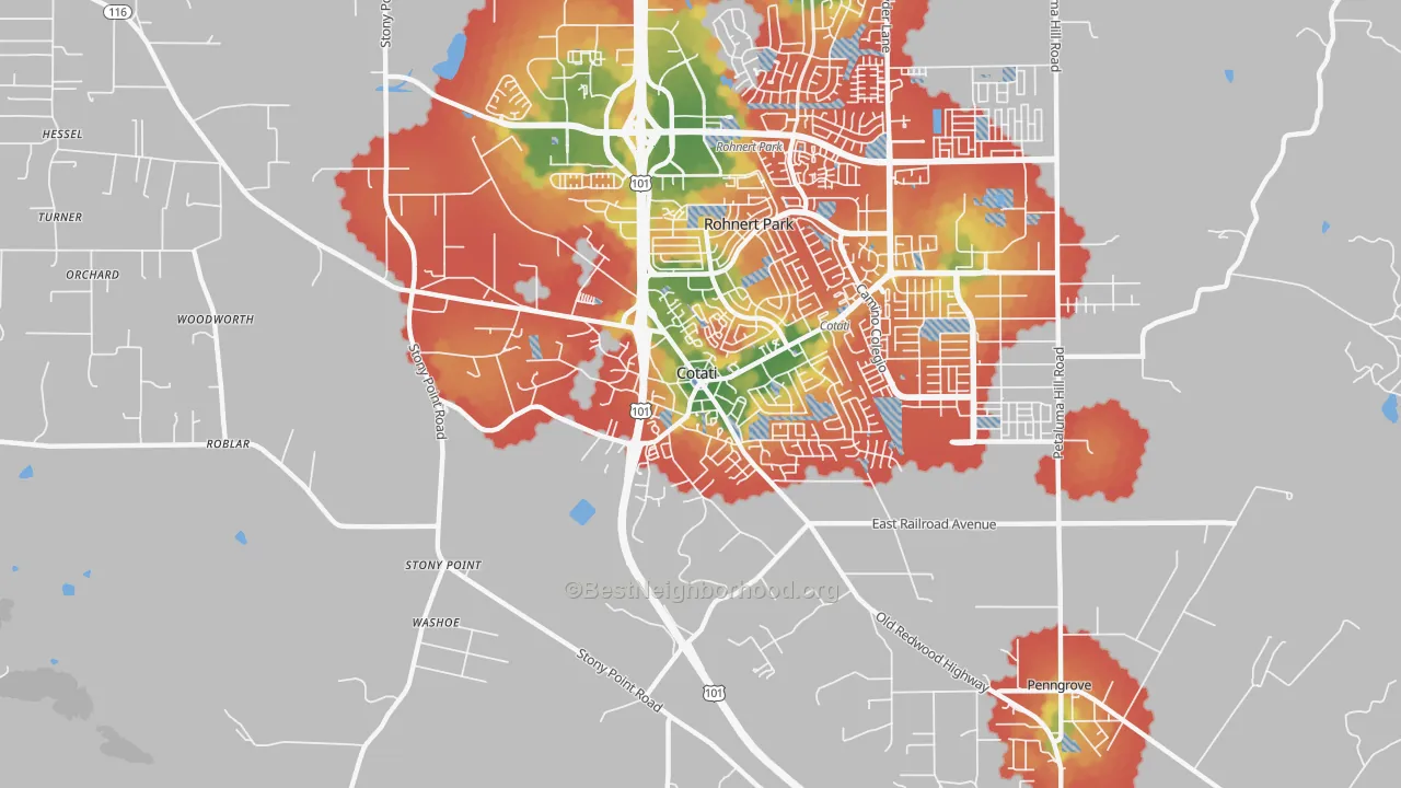 Walk Grade map of 94931, CA, walkable areas in green and car-dependent areas in red
