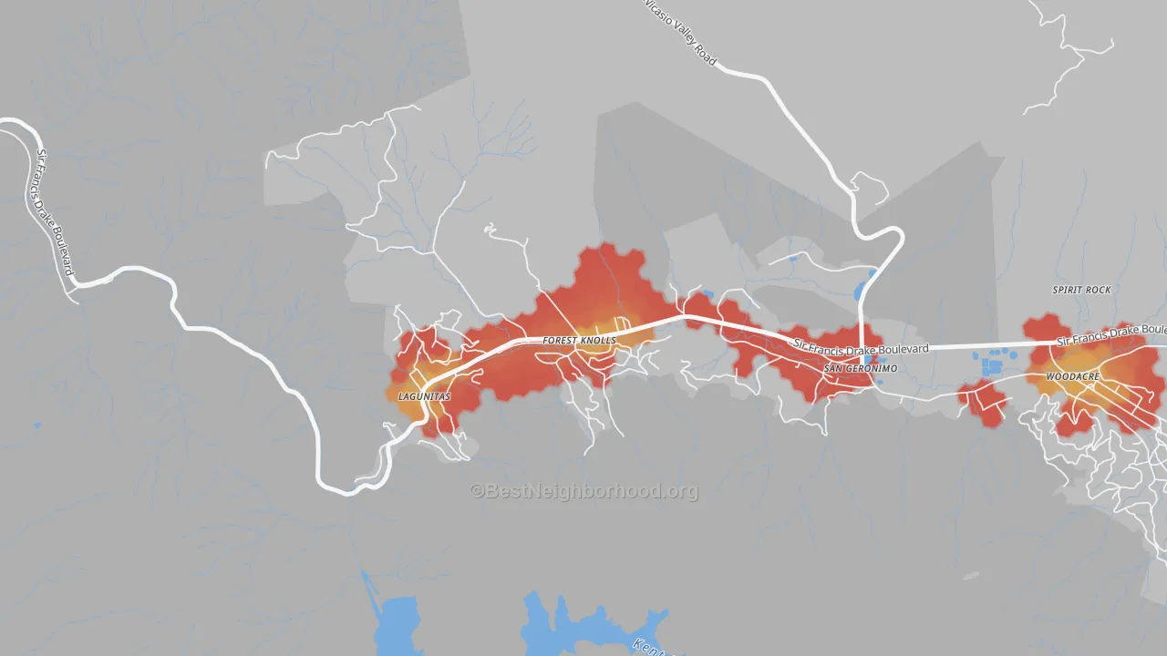 Walk Grade map of 94933, CA, walkable areas in green and car-dependent areas in red