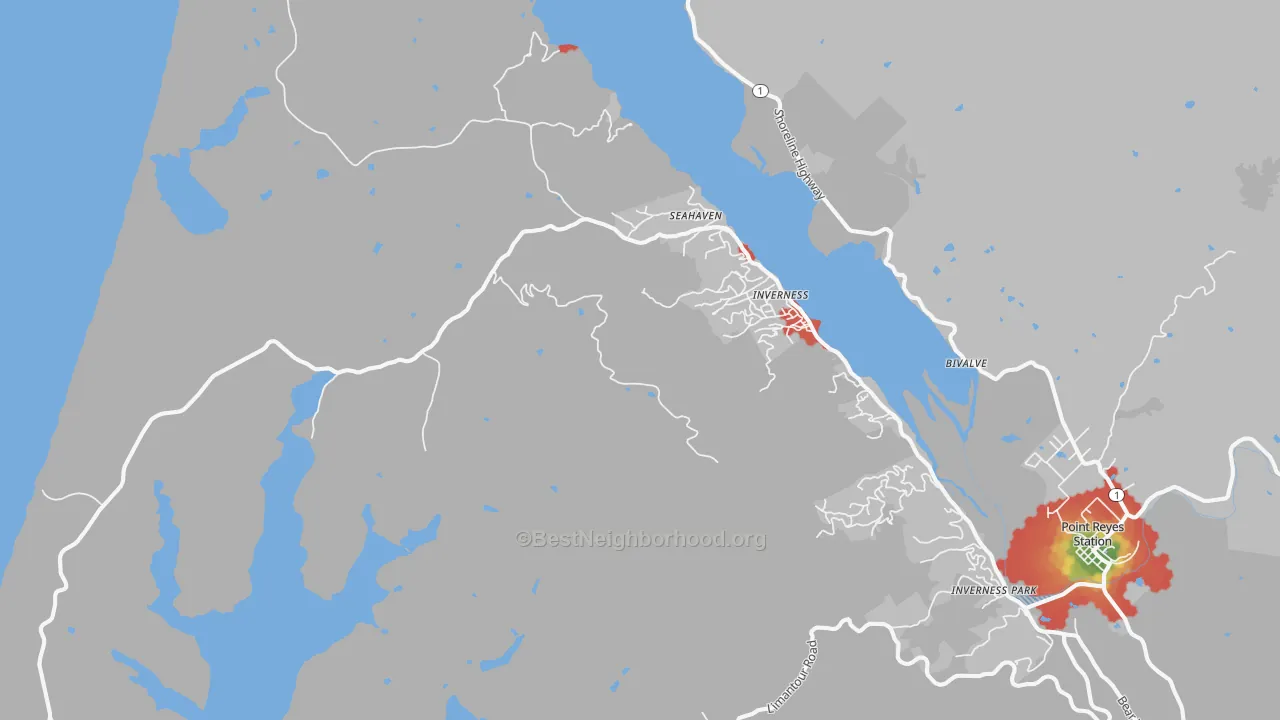 Walk Grade map of 94937, CA, walkable areas in green and car-dependent areas in red
