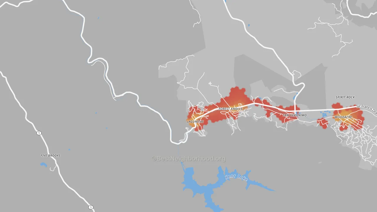 Walk Grade map of 94938, CA, walkable areas in green and car-dependent areas in red