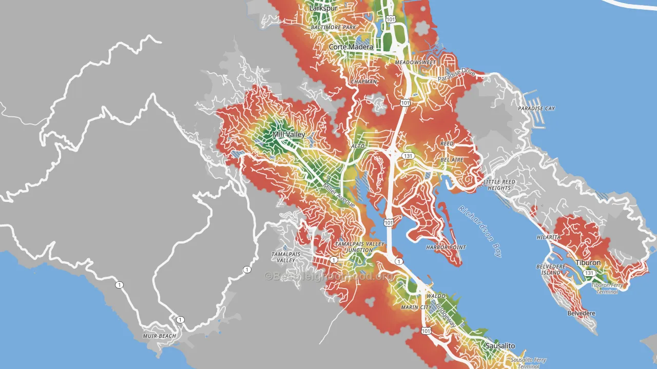 Walk Grade map of 94941, CA, walkable areas in green and car-dependent areas in red
