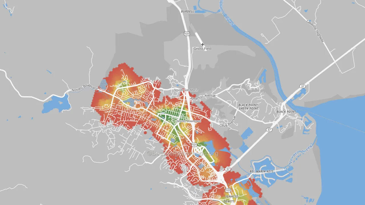 Walk Grade map of 94945, CA, walkable areas in green and car-dependent areas in red