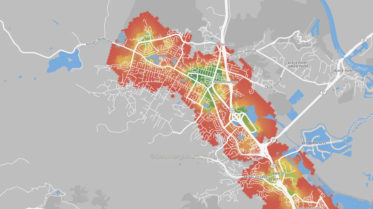 Walk Grade map of 94947, CA, walkable areas in green and car-dependent areas in red