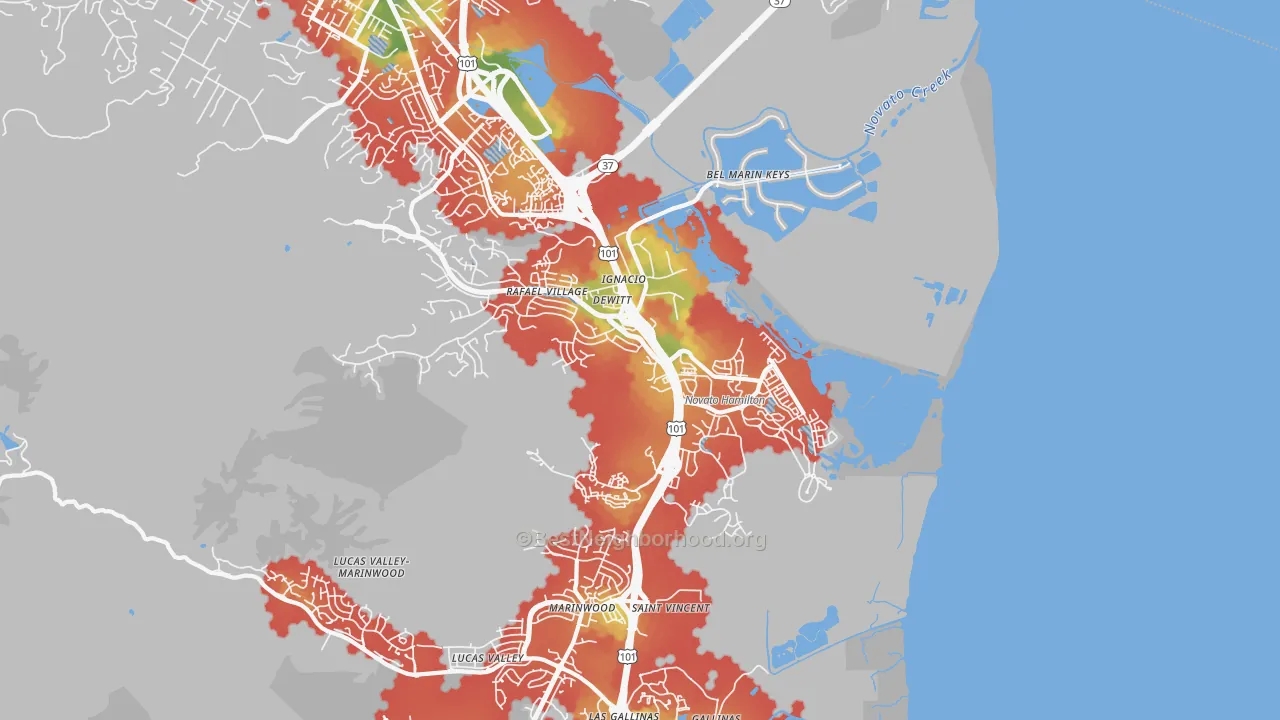 Walk Grade map of 94949, CA, walkable areas in green and car-dependent areas in red