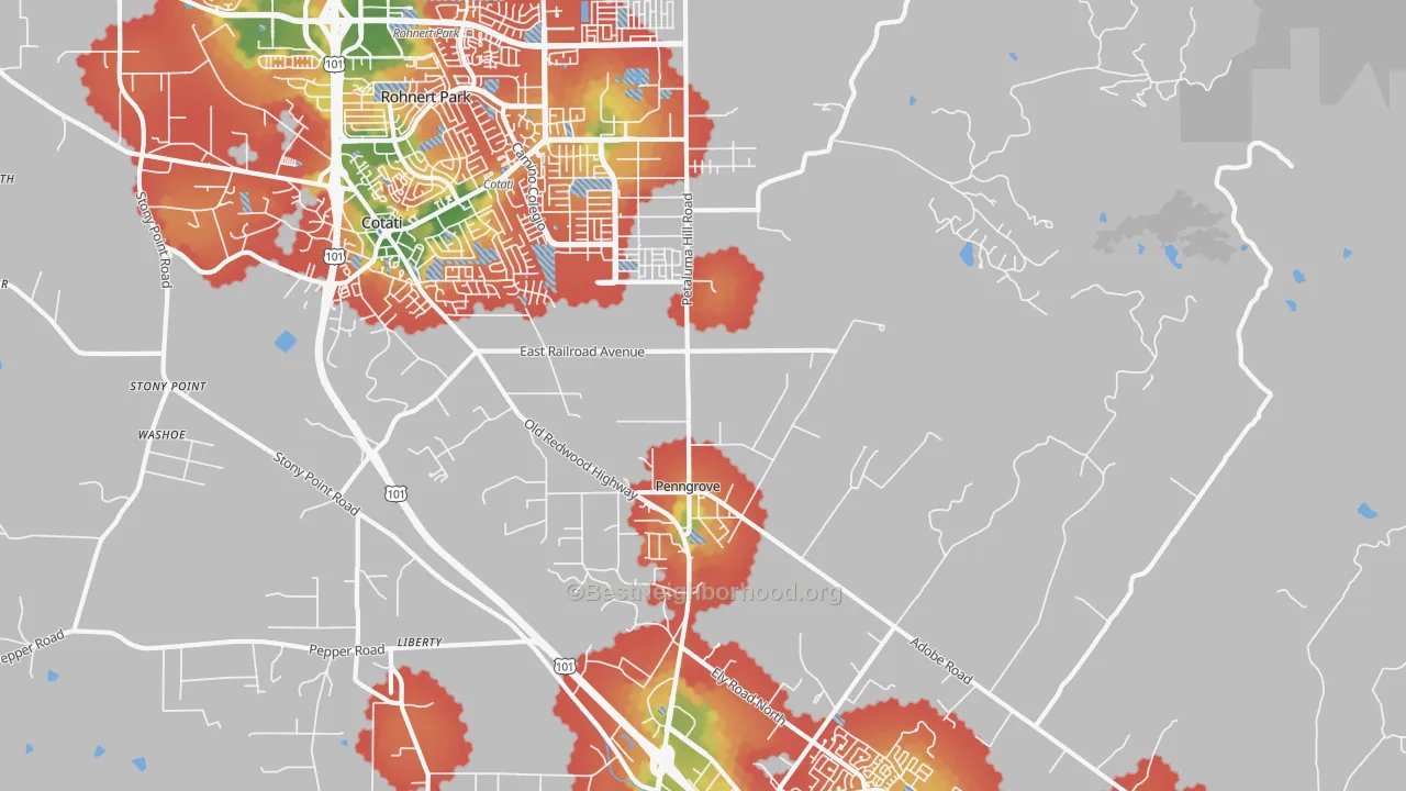 Walk Grade map of 94951, CA, walkable areas in green and car-dependent areas in red