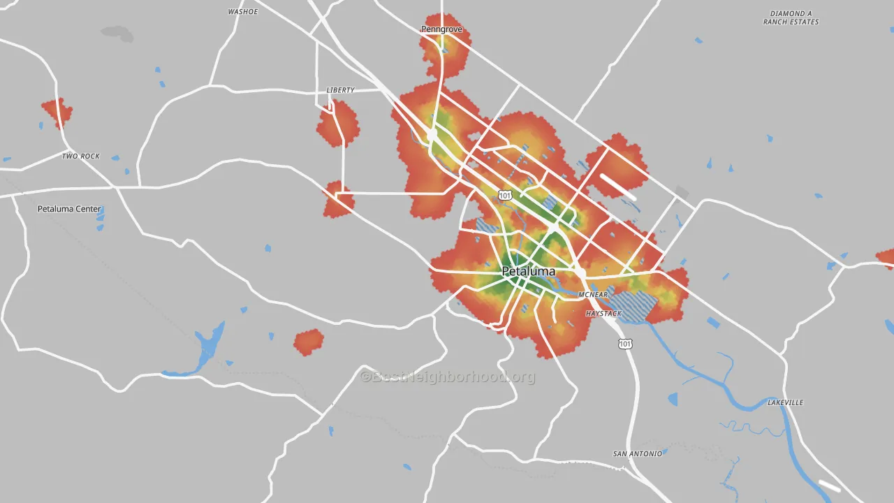 Walk Grade map of 94952, CA, walkable areas in green and car-dependent areas in red