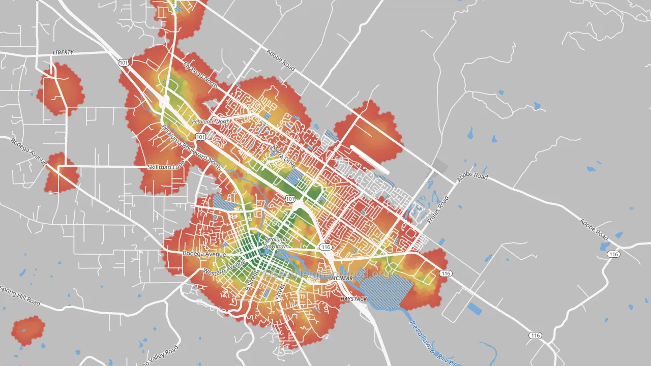 Walk Grade map of 94954, CA, walkable areas in green and car-dependent areas in red