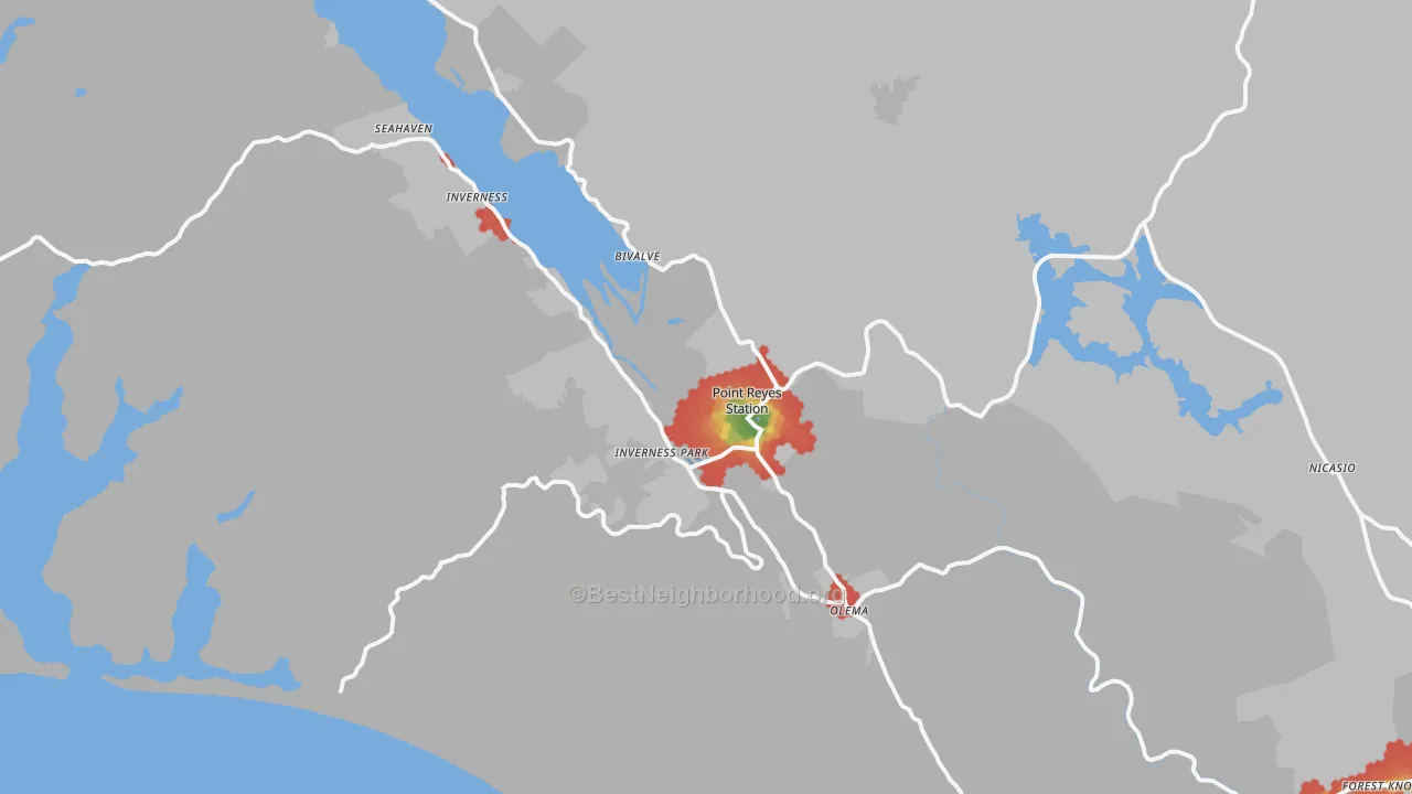 Walk Grade map of 94956, CA, walkable areas in green and car-dependent areas in red