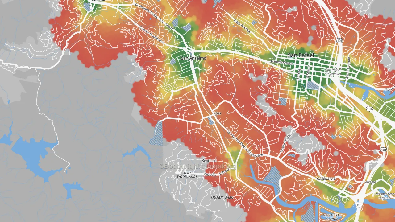 Walk Grade map of 94957, CA, walkable areas in green and car-dependent areas in red