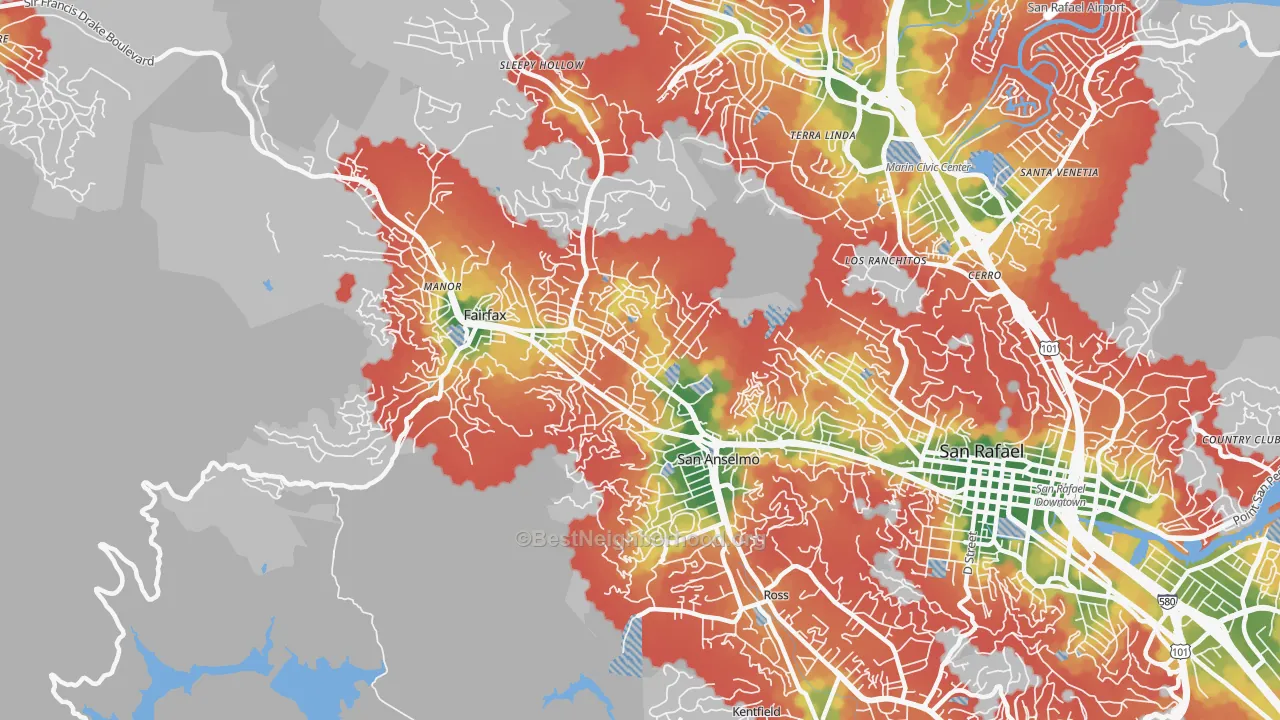 Walk Grade map of 94960, CA, walkable areas in green and car-dependent areas in red