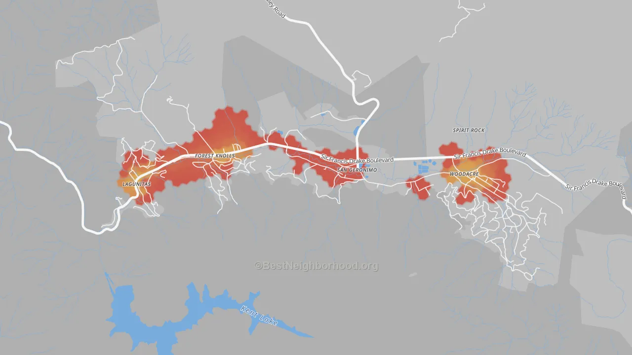 Walk Grade map of 94963, CA, walkable areas in green and car-dependent areas in red