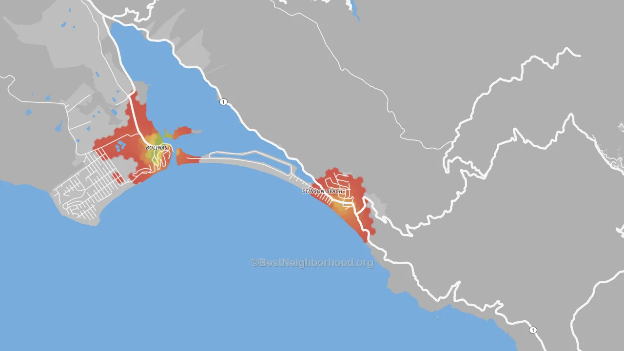 Walk Grade map of 94970, CA, walkable areas in green and car-dependent areas in red