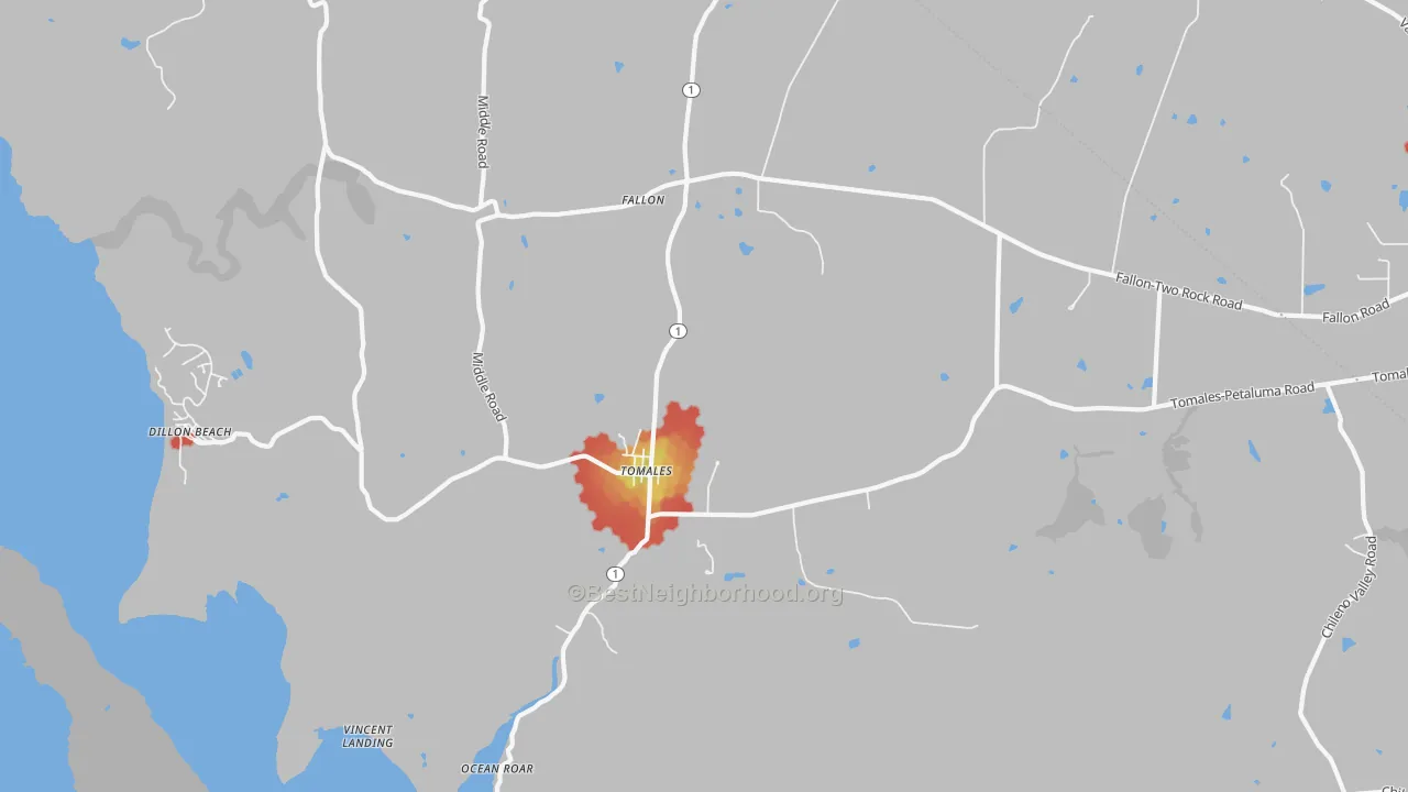 Walk Grade map of 94971, CA, walkable areas in green and car-dependent areas in red