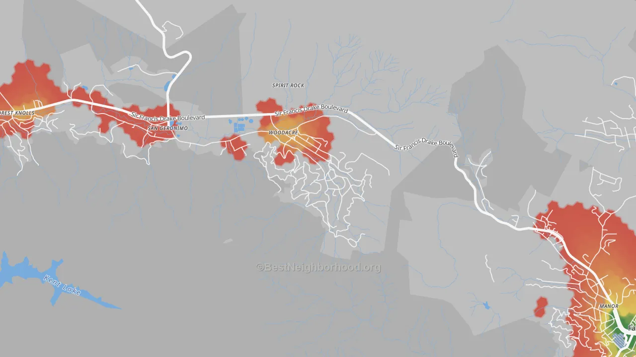 Walk Grade map of 94973, CA, walkable areas in green and car-dependent areas in red