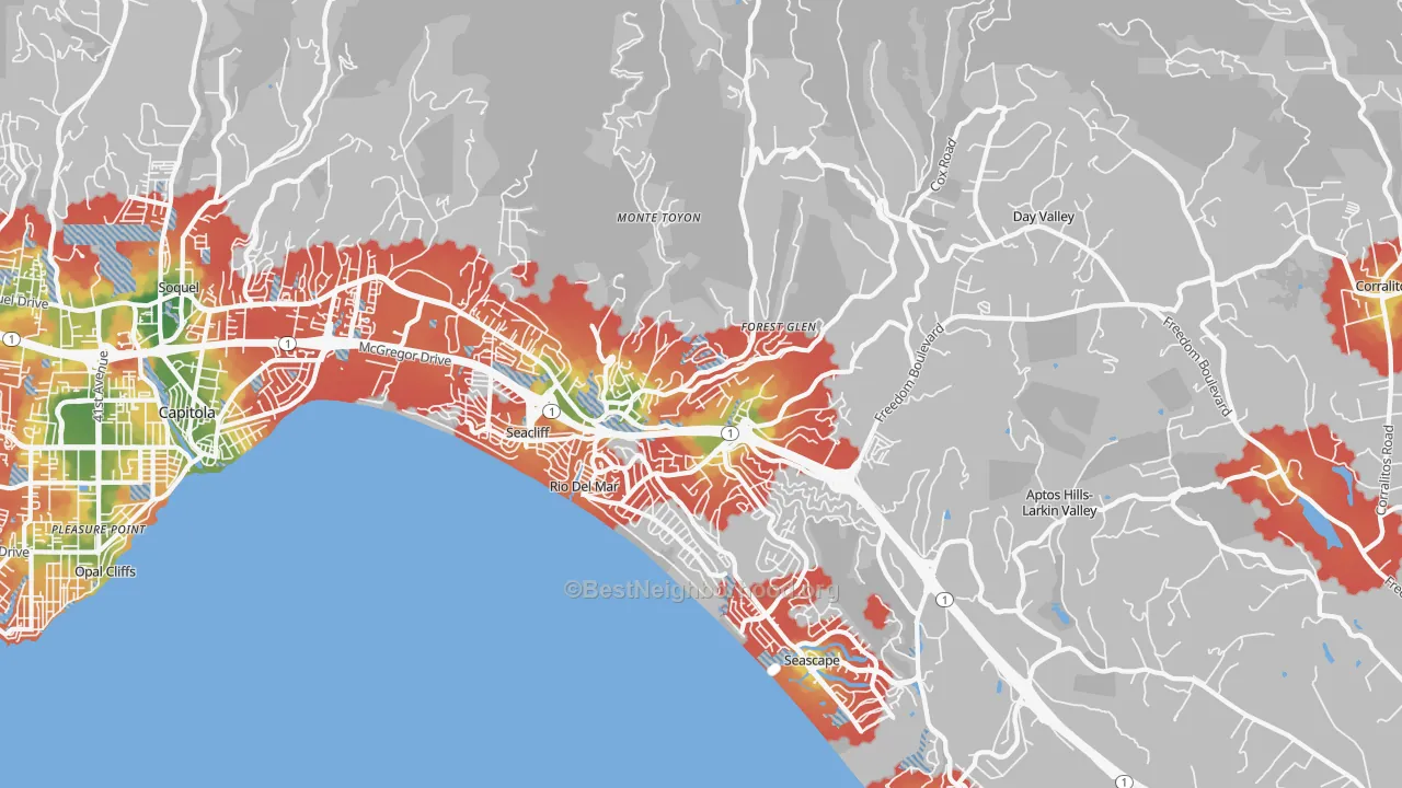 Walk Grade map of 95003, CA, walkable areas in green and car-dependent areas in red