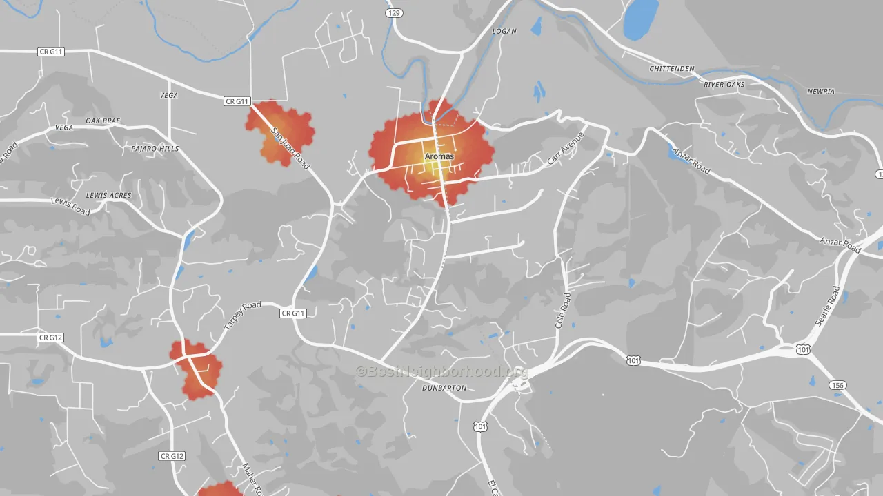 Walk Grade map of 95004, CA, walkable areas in green and car-dependent areas in red
