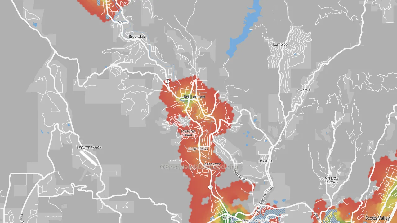 Walk Grade map of 95005, CA, walkable areas in green and car-dependent areas in red
