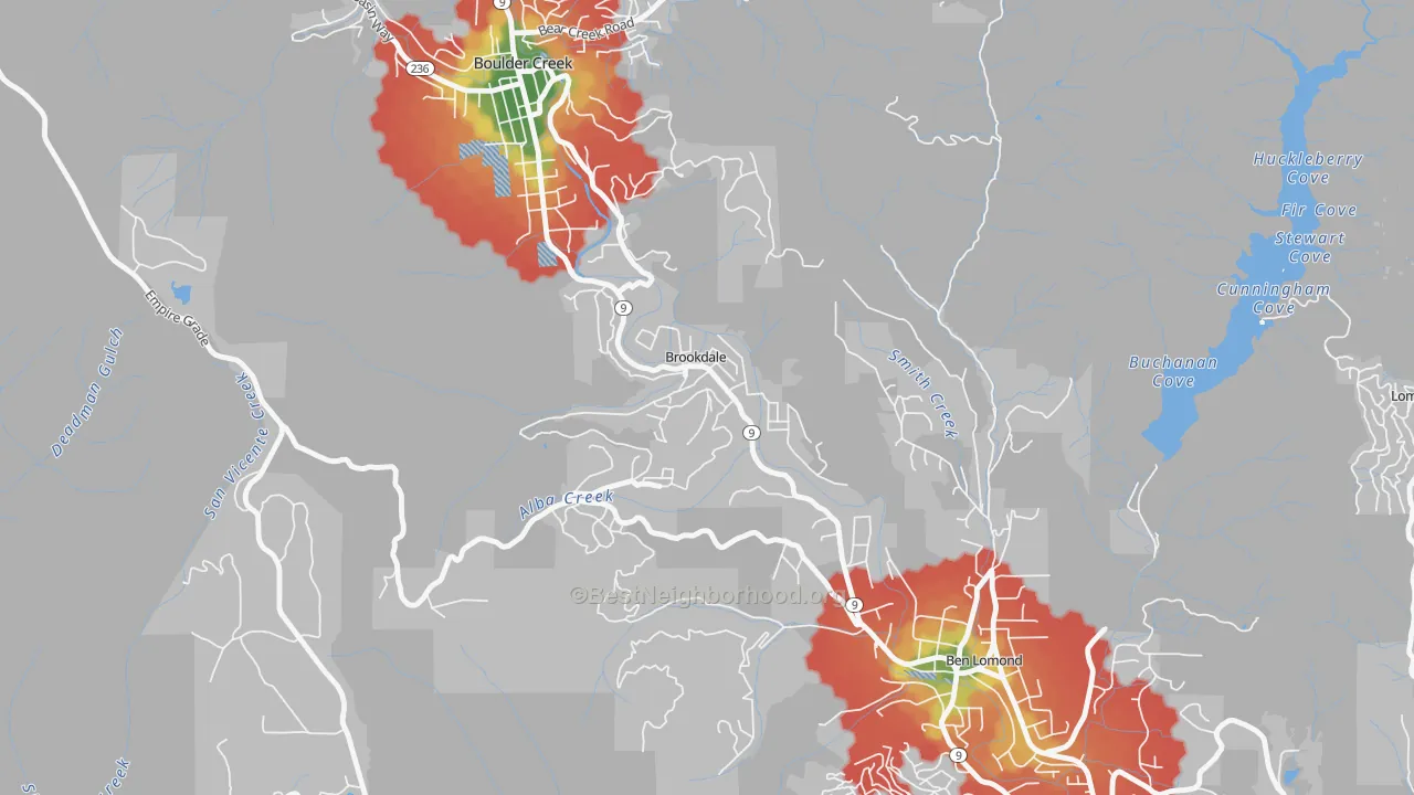 Walk Grade map of 95007, CA, walkable areas in green and car-dependent areas in red