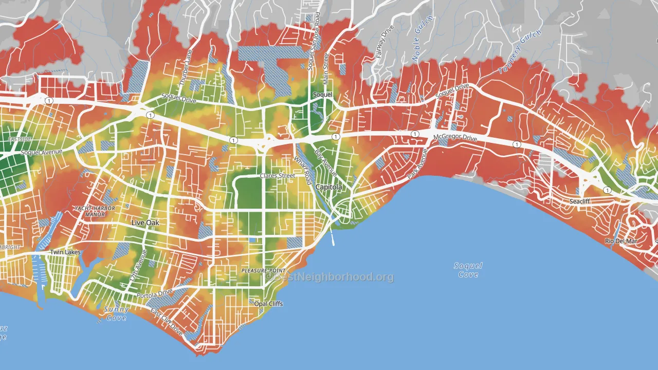 Walk Grade map of 95010, CA, walkable areas in green and car-dependent areas in red