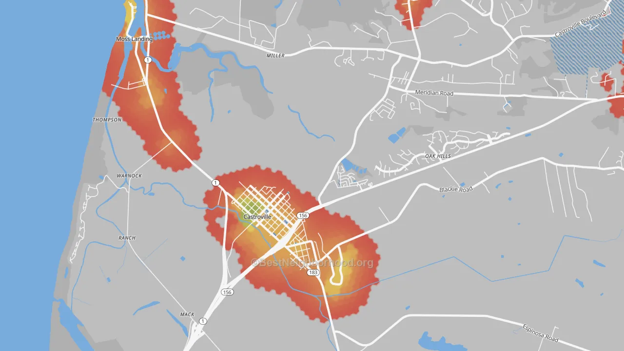 Walk Grade map of 95012, CA, walkable areas in green and car-dependent areas in red