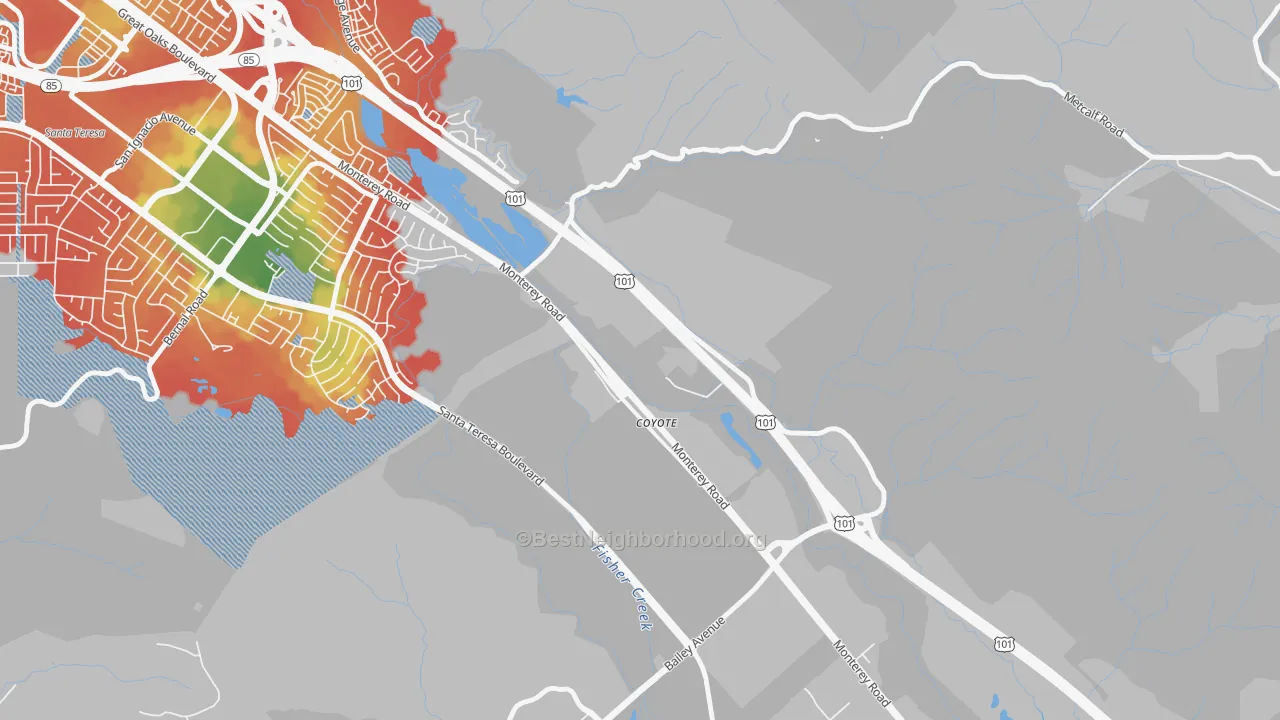 Walk Grade map of 95013, CA, walkable areas in green and car-dependent areas in red