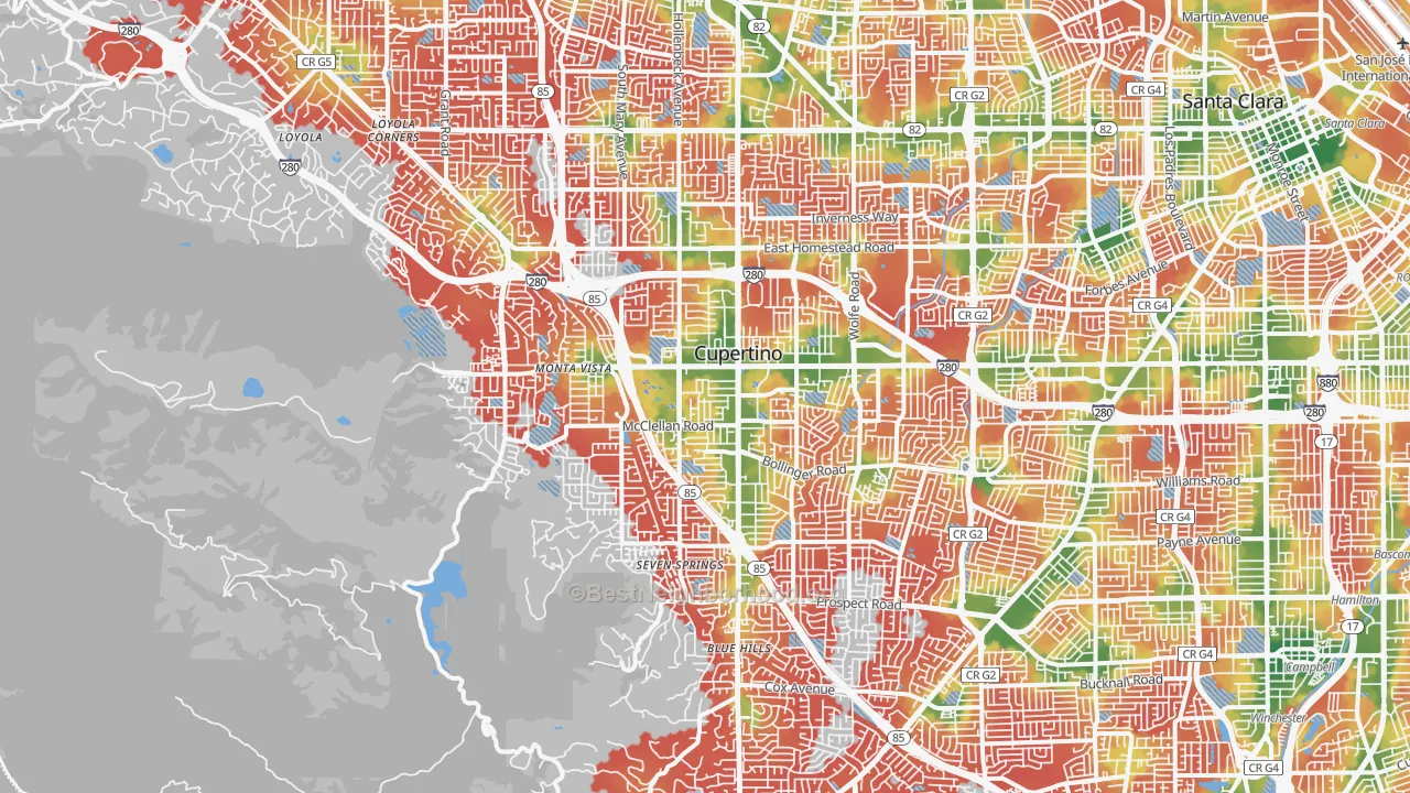 Walk Grade map of 95014, CA, walkable areas in green and car-dependent areas in red