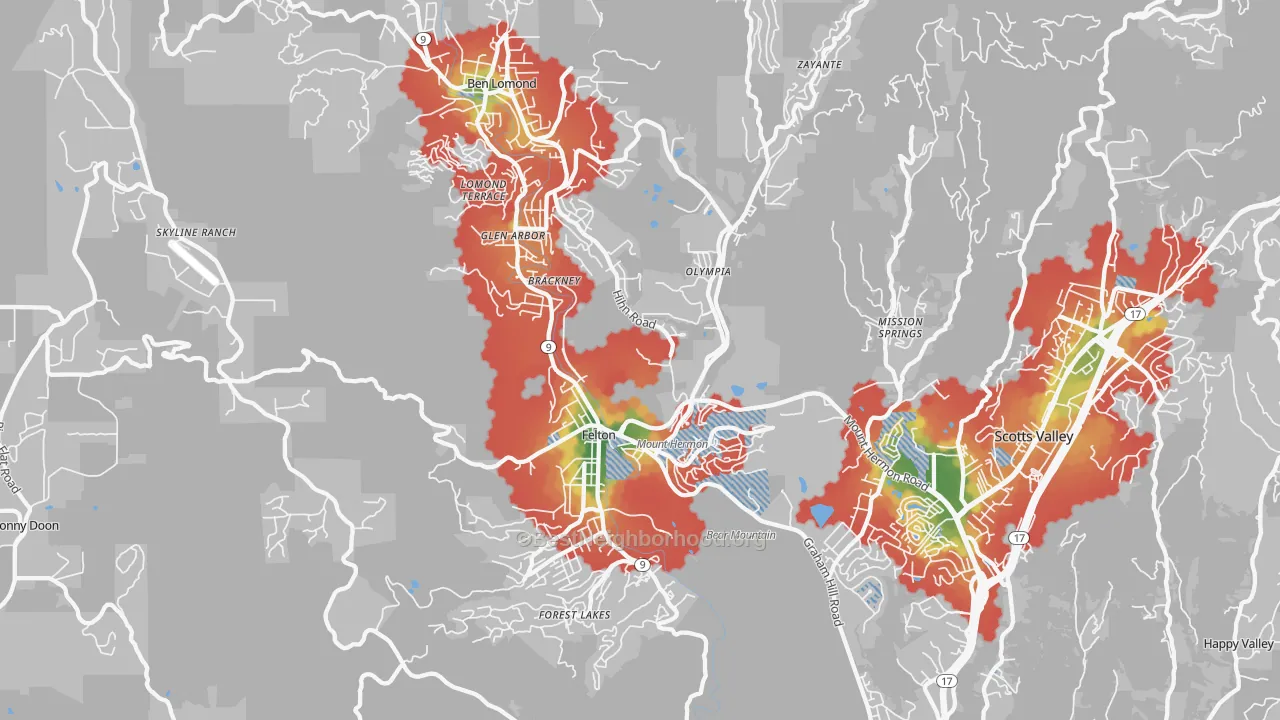 Walk Grade map of 95018, CA, walkable areas in green and car-dependent areas in red