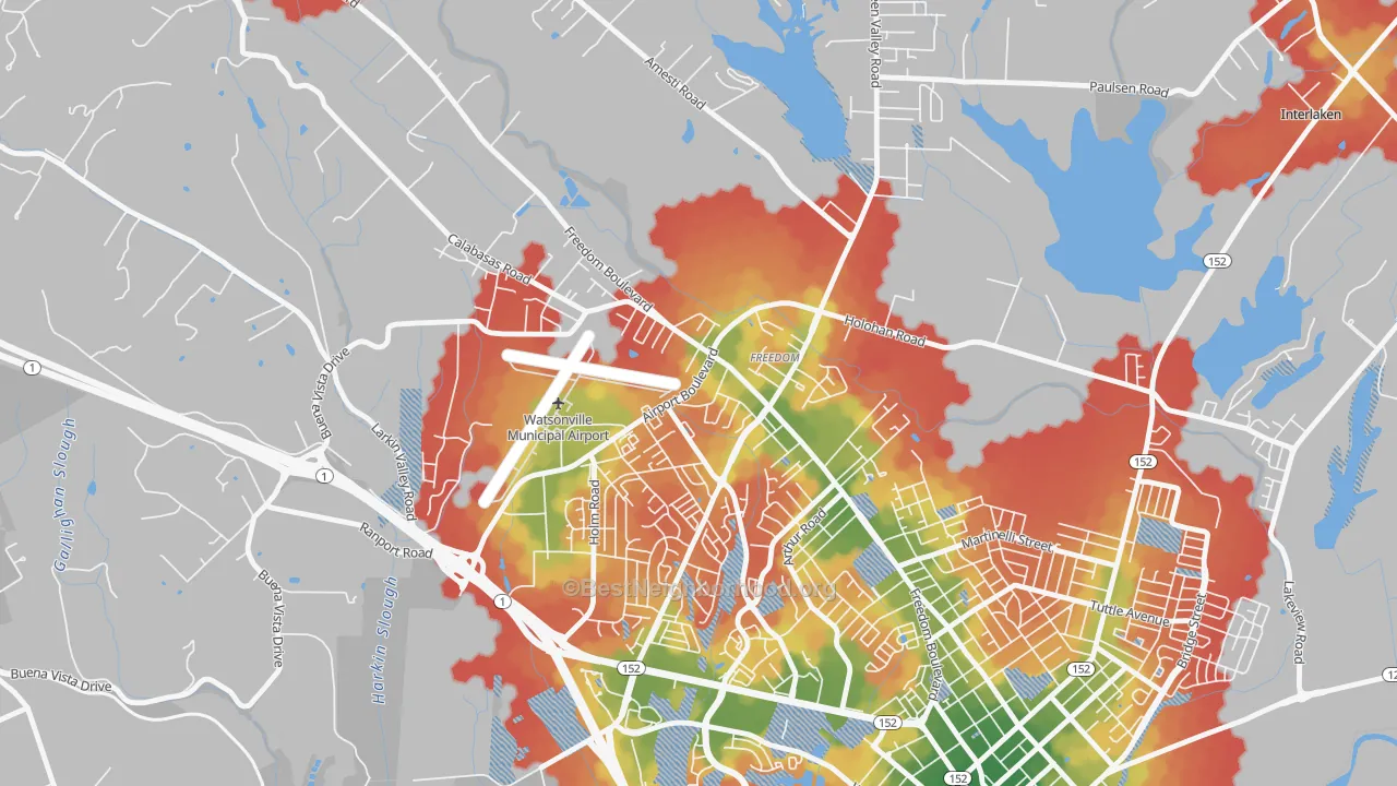 Walk Grade map of 95019, CA, walkable areas in green and car-dependent areas in red