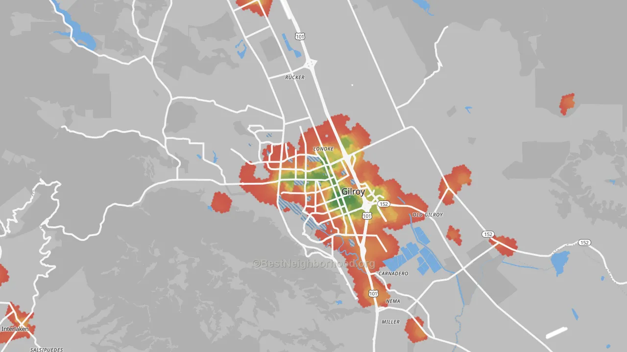 Walk Grade map of 95020, CA, walkable areas in green and car-dependent areas in red