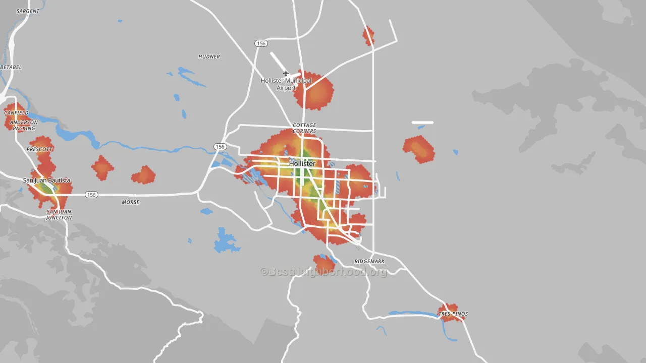 Walk Grade map of 95023, CA, walkable areas in green and car-dependent areas in red