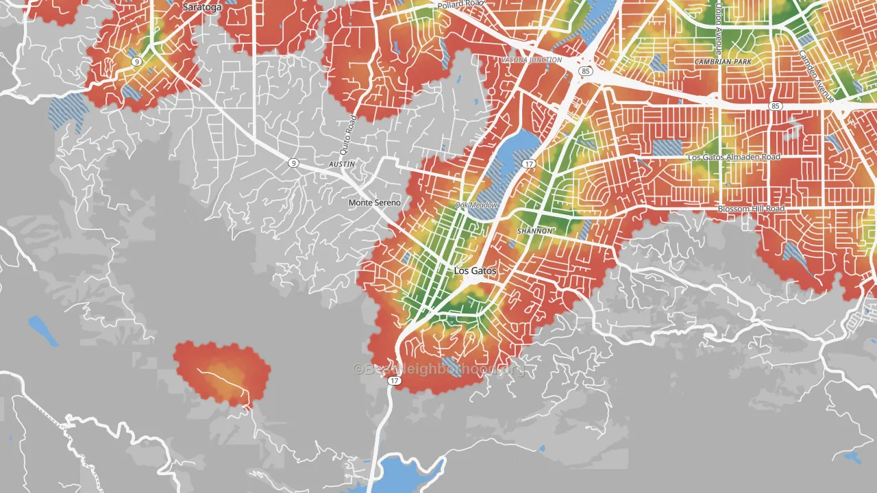 Walk Grade map of 95030, CA, walkable areas in green and car-dependent areas in red