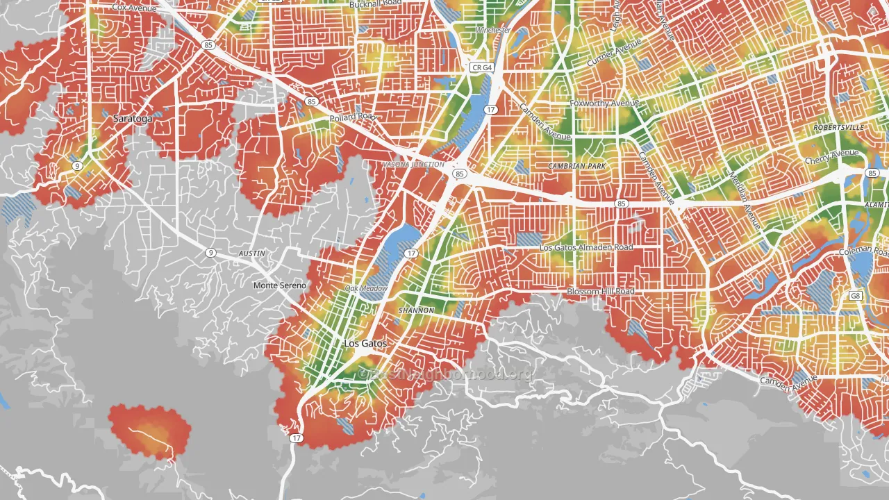 Walk Grade map of 95032, CA, walkable areas in green and car-dependent areas in red