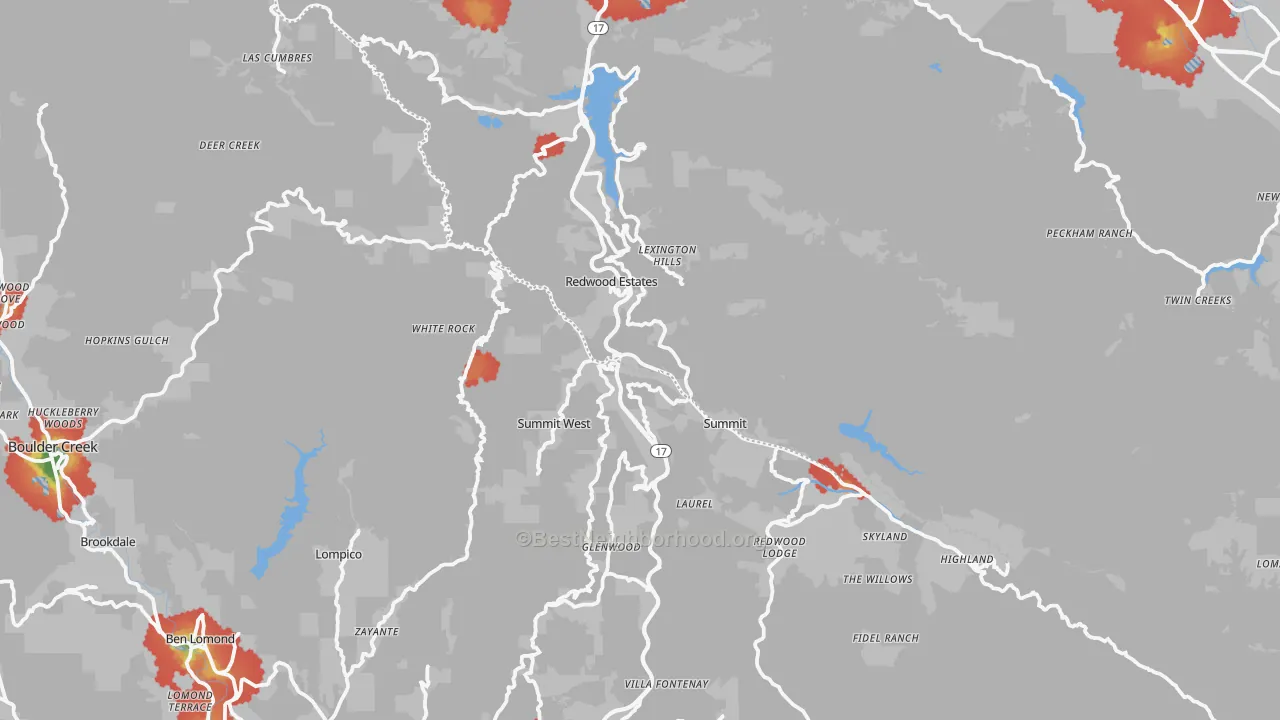 Walk Grade map of 95033, CA, walkable areas in green and car-dependent areas in red