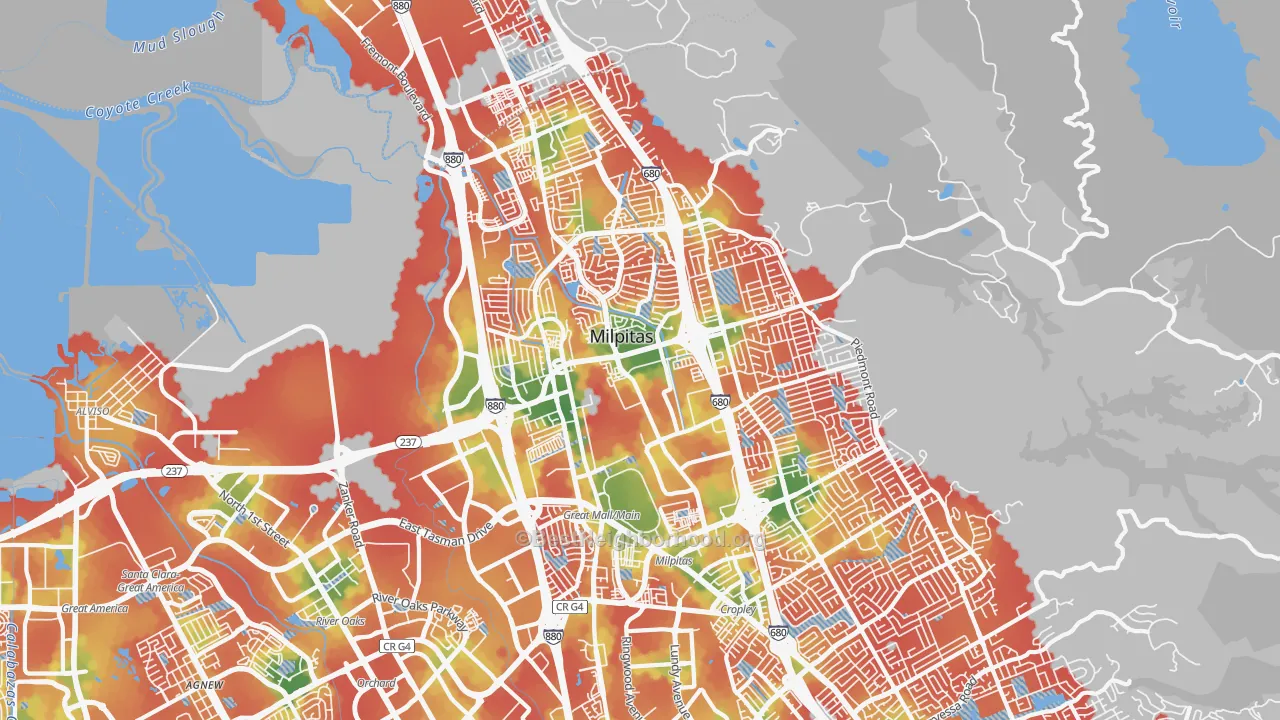 Walk Grade map of 95035, CA, walkable areas in green and car-dependent areas in red