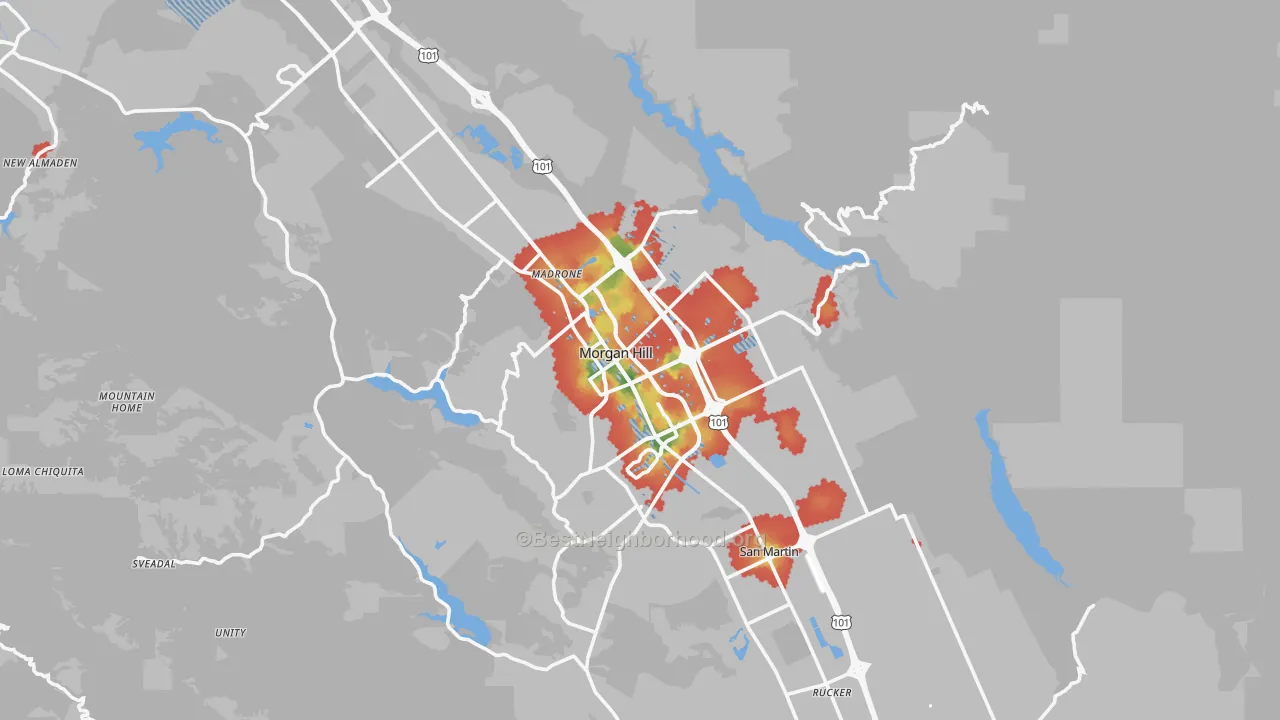 Walk Grade map of 95037, CA, walkable areas in green and car-dependent areas in red