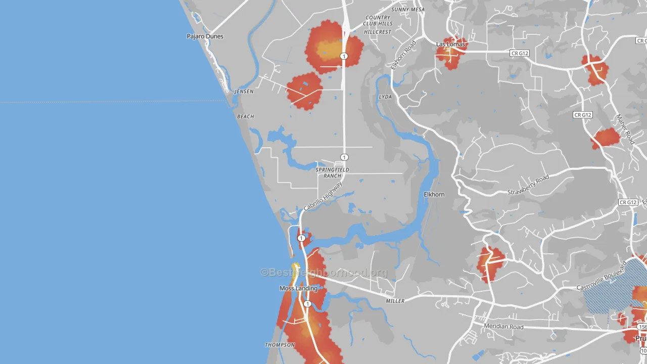 Walk Grade map of 95039, CA, walkable areas in green and car-dependent areas in red