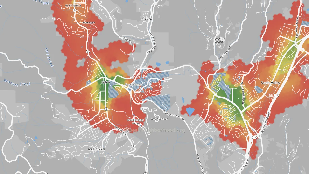 Walk Grade map of 95041, CA, walkable areas in green and car-dependent areas in red