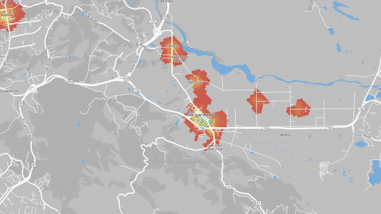 Walk Grade map of 95045, CA, walkable areas in green and car-dependent areas in red