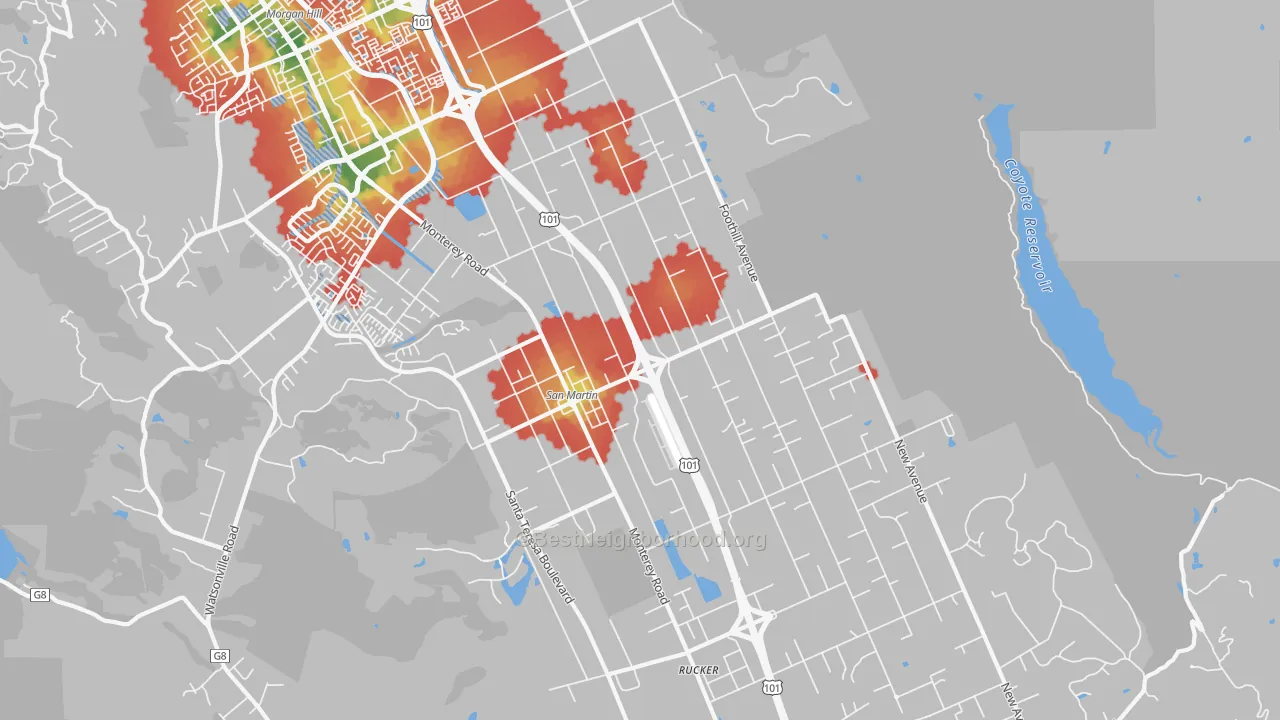 Walk Grade map of 95046, CA, walkable areas in green and car-dependent areas in red