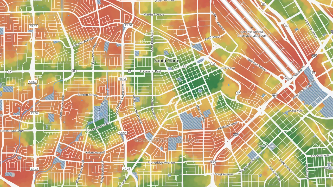 Walk Grade map of 95050, CA, walkable areas in green and car-dependent areas in red