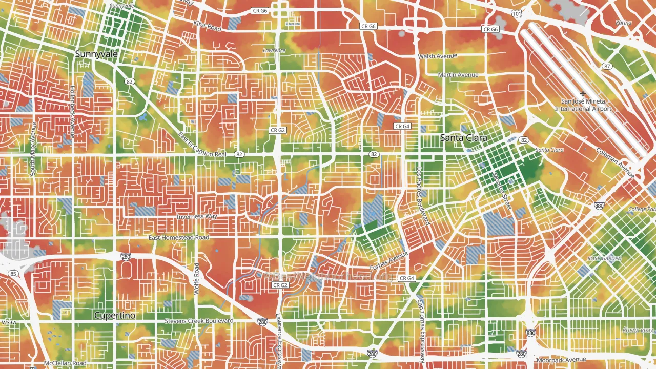 Walk Grade map of 95051, CA, walkable areas in green and car-dependent areas in red