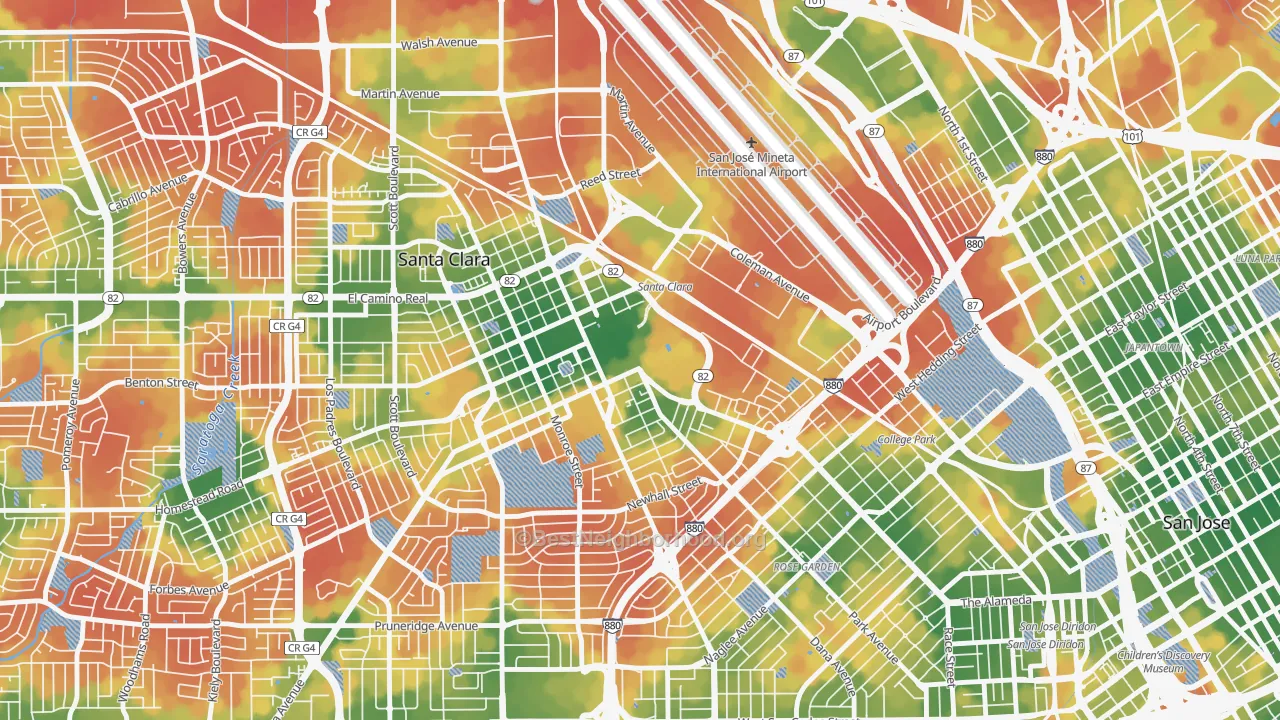 Walk Grade map of 95053, CA, walkable areas in green and car-dependent areas in red