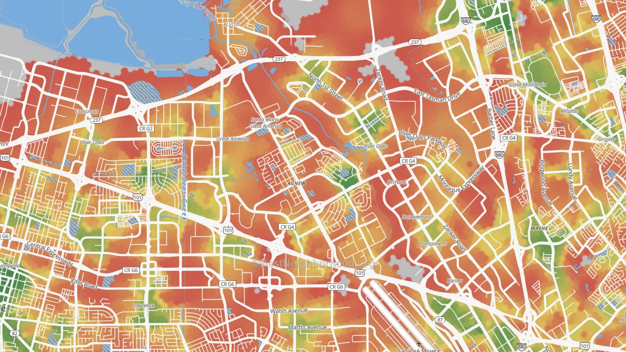 Walk Grade map of 95054, CA, walkable areas in green and car-dependent areas in red