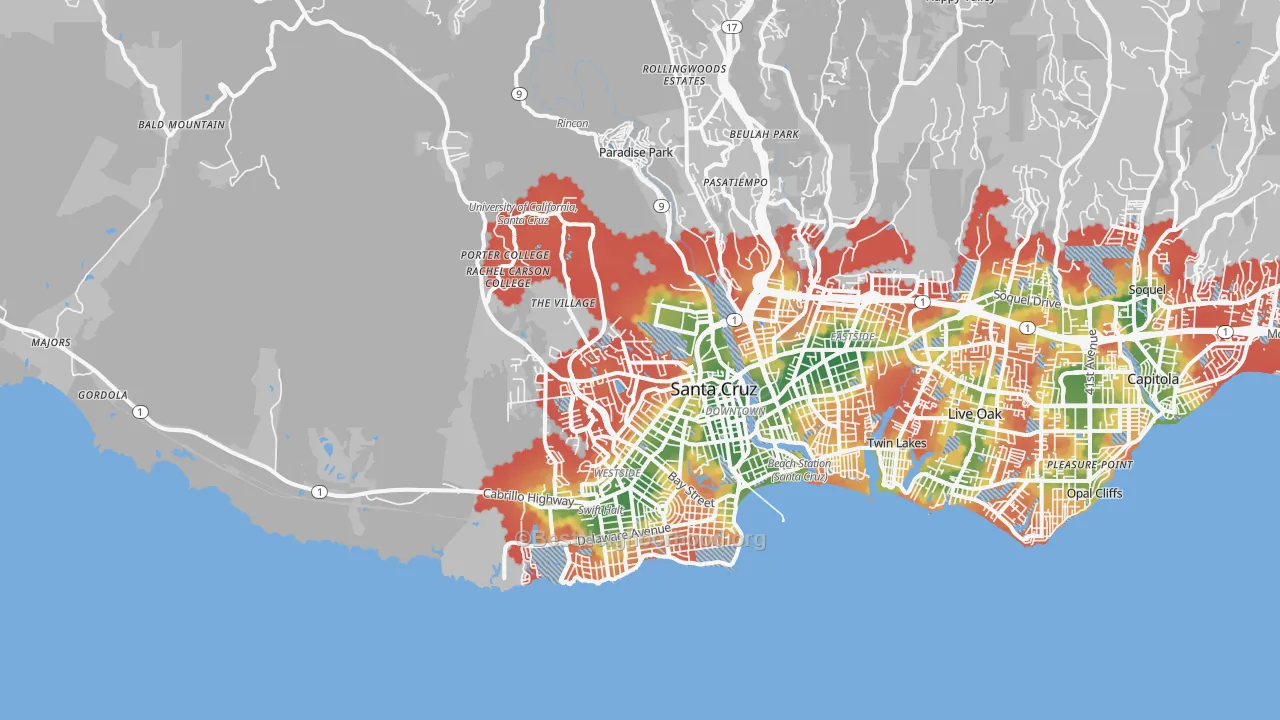 Walk Grade map of 95060, CA, walkable areas in green and car-dependent areas in red