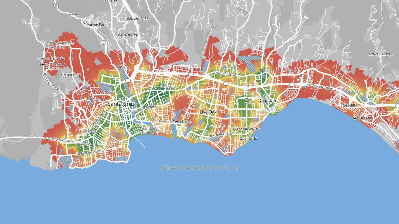 Walk Grade map of 95062, CA, walkable areas in green and car-dependent areas in red